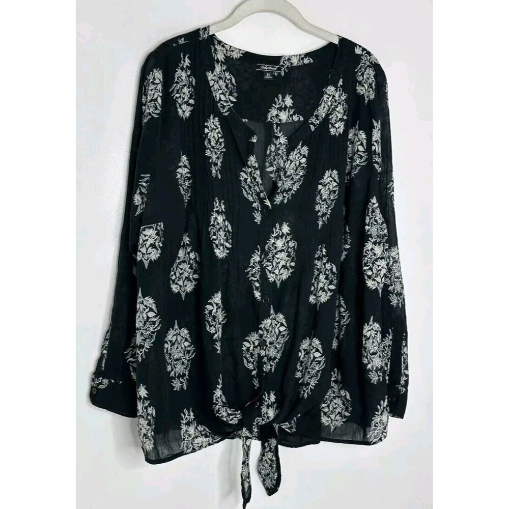 Lucky Brand Womens Black White Tie Front Blouse Long Sleeve Floral Plus Sz small